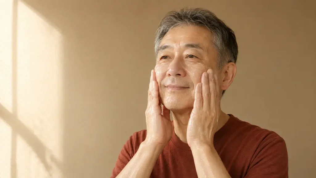 洗顔後に濡れた手で頬をやさしく包む60代男性