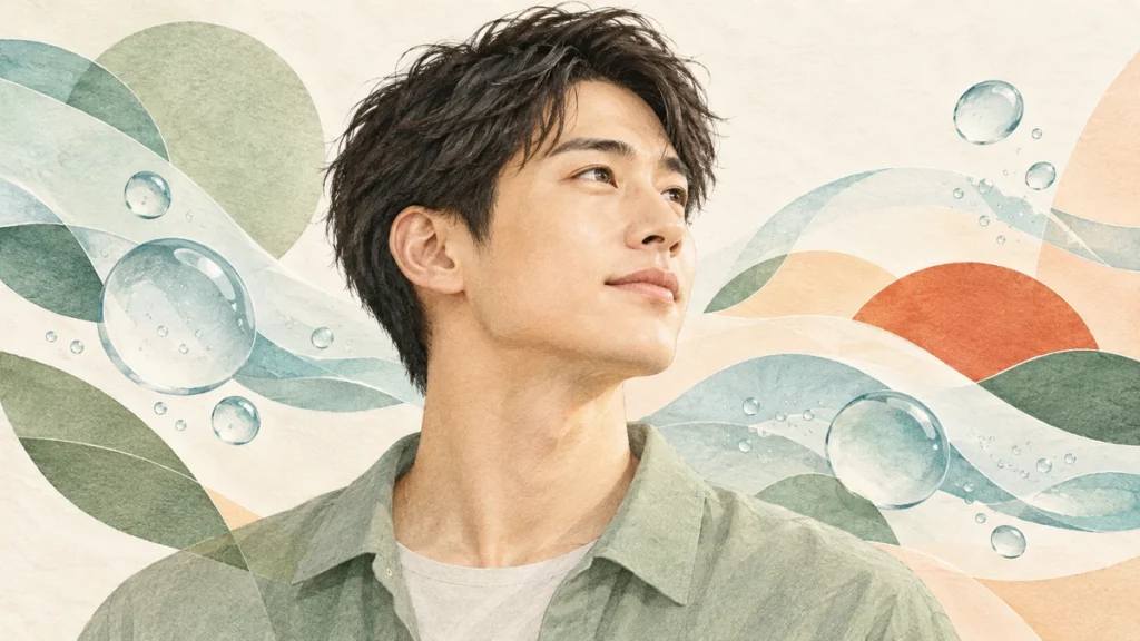 男性の横顔と透明な水滴を描いた、毎日のスキンケアを表すイラスト