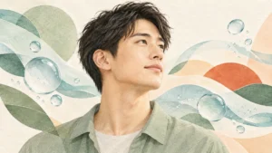 男性の横顔と透明な水滴を描いた、毎日のスキンケアを表すイラスト