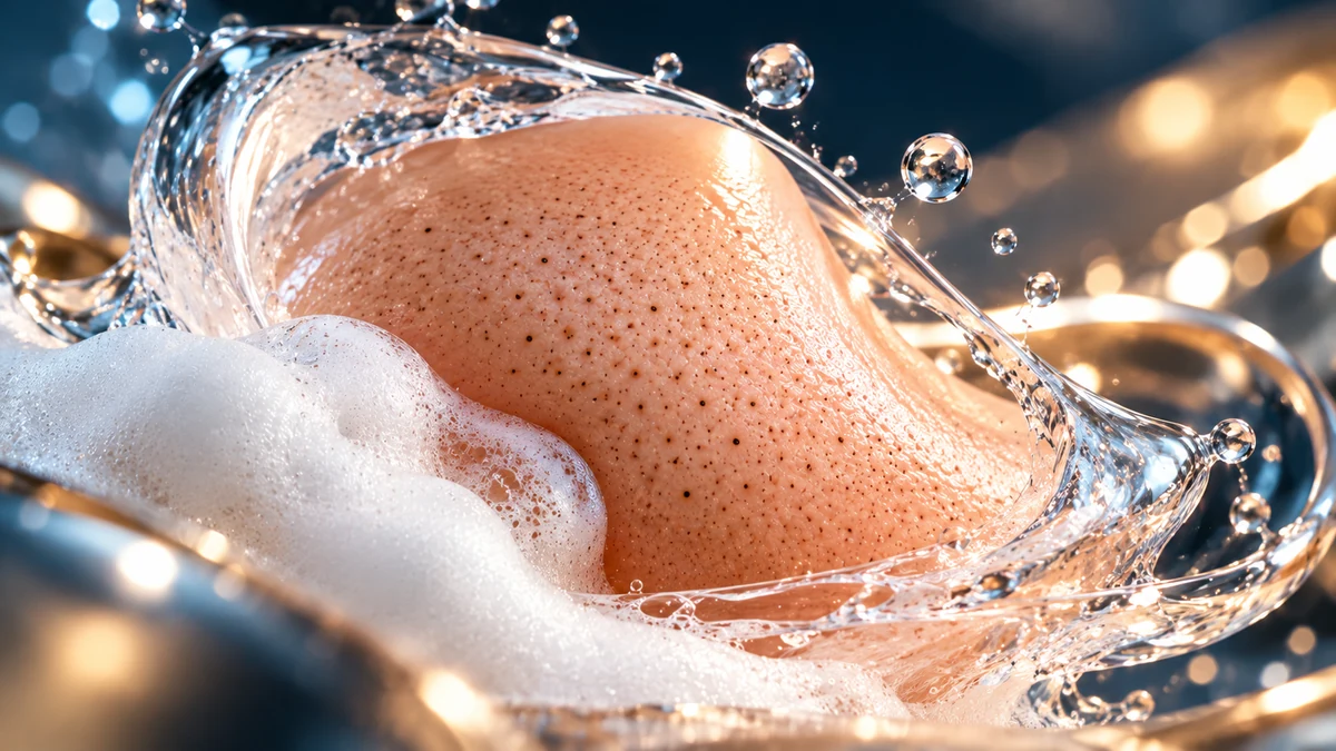 毛穴をイメージした肌の質感と、洗顔の泡や水を組み合わせたメンズ毛穴ケア