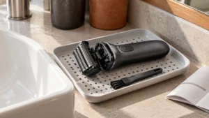 洗面台のそばでヘッドを開き、清掃用ブラシと並べて置いた電気シェーバー